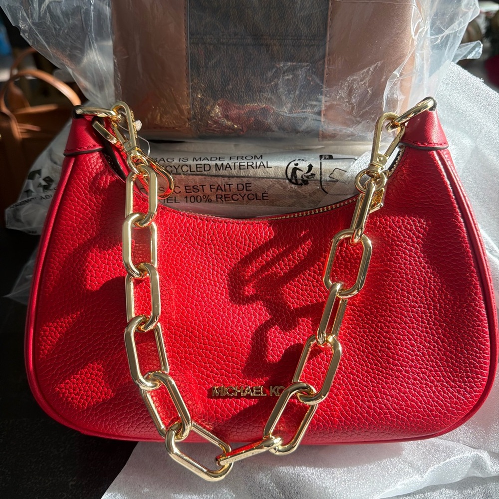 Michael Kors Vibrant Red Shoulder Bag with Gold Chain